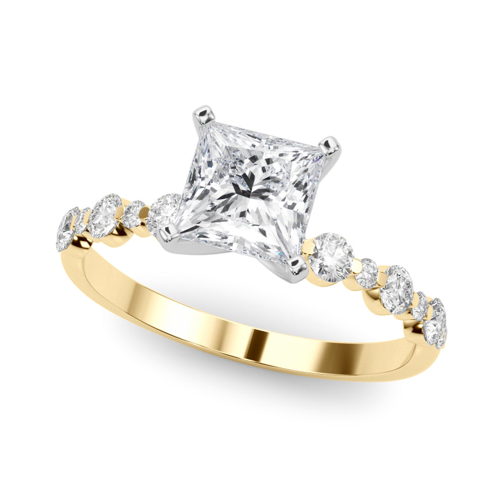 Yellow gold Princess Diamond Prong Set Engagement Ring with Pave Band