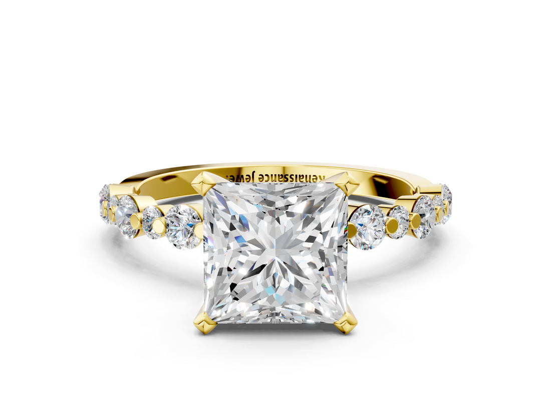 Yellow gold Princess Diamond Prong Set Engagement Ring with Pave Band_186