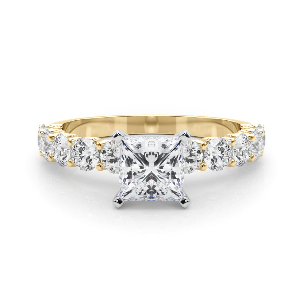 Yellow gold Princess Diamond Prong Setting with Side Stones on a Pave Band 1