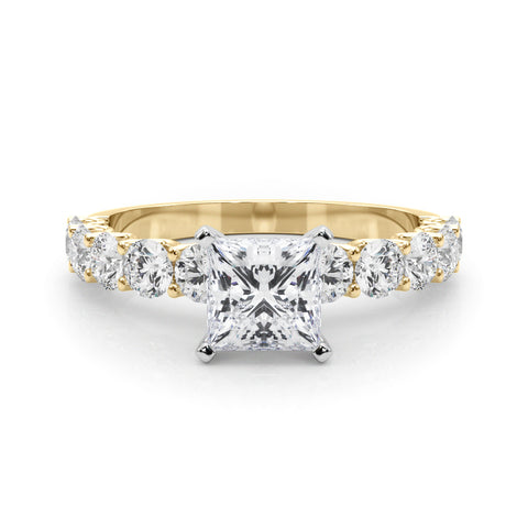 Yellow gold Princess Diamond Prong Setting with Side Stones on a Pave Band 1