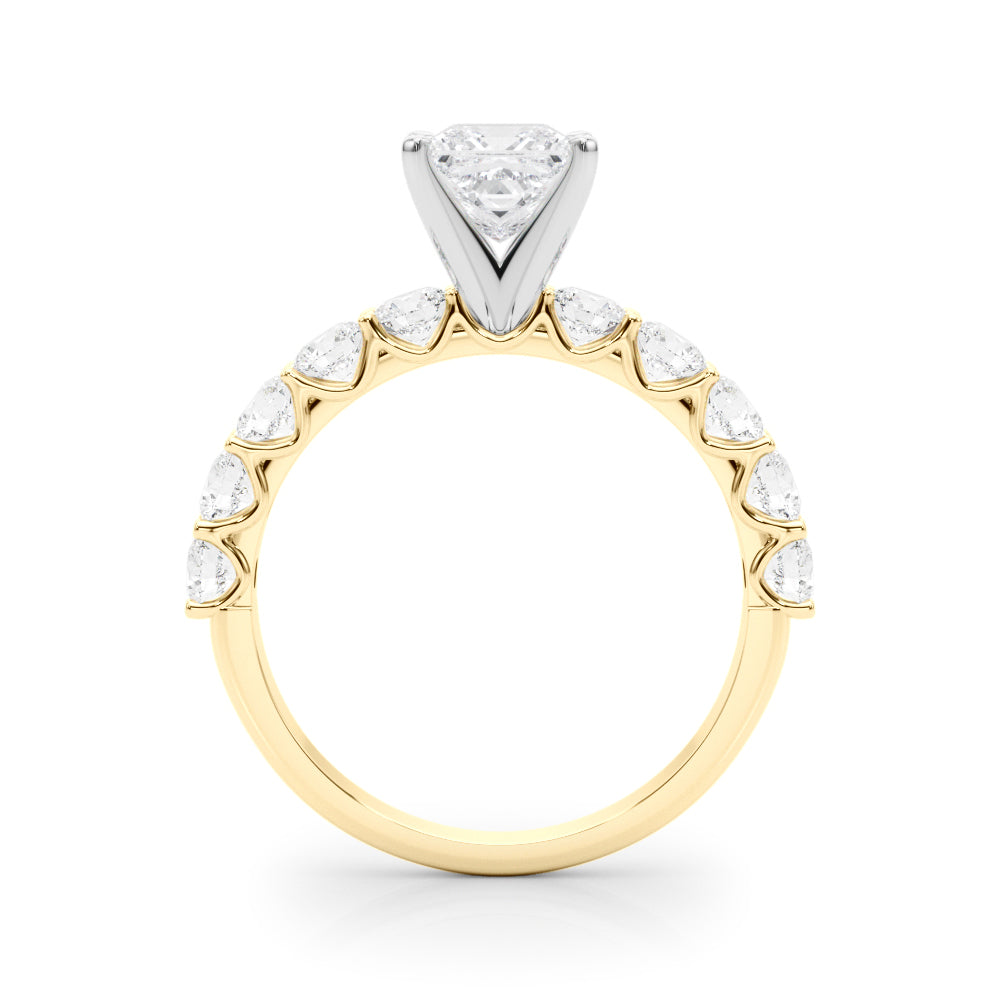 Yellow gold Princess Diamond Prong Setting with Side Stones on a Pave Band 2