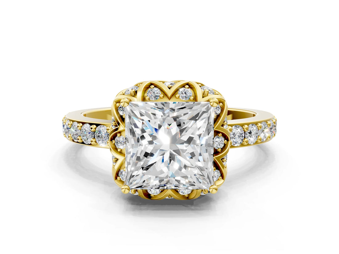Yellow gold Princess Diamond Solitaire Ring with Shared Prong Pavé Band_52