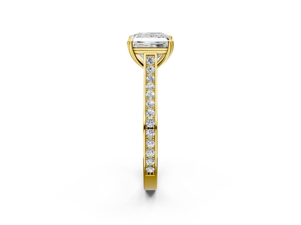 Yellow gold Princess Diamond Solitaire with Pave Band and Six-Prong Setting