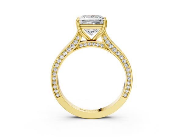 Yellow gold Princess Diamond Solitaire with Pave Band and Six-Prong Setting