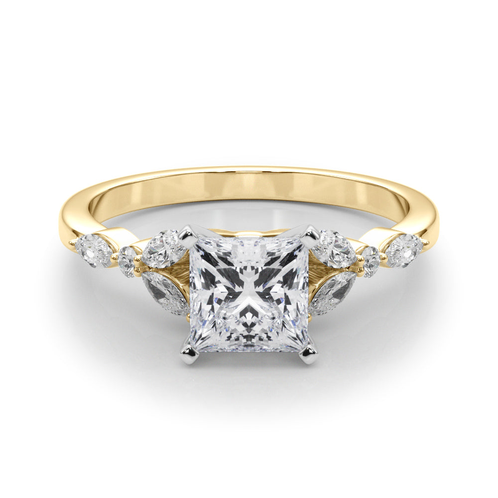 Yellow gold Princess Diamond Solitaire with Side Stones on a White Gold Band and Four-Prong Setting 1