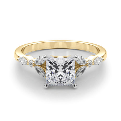 Yellow gold Princess Diamond Solitaire with Side Stones on a White Gold Band and Four-Prong Setting 1