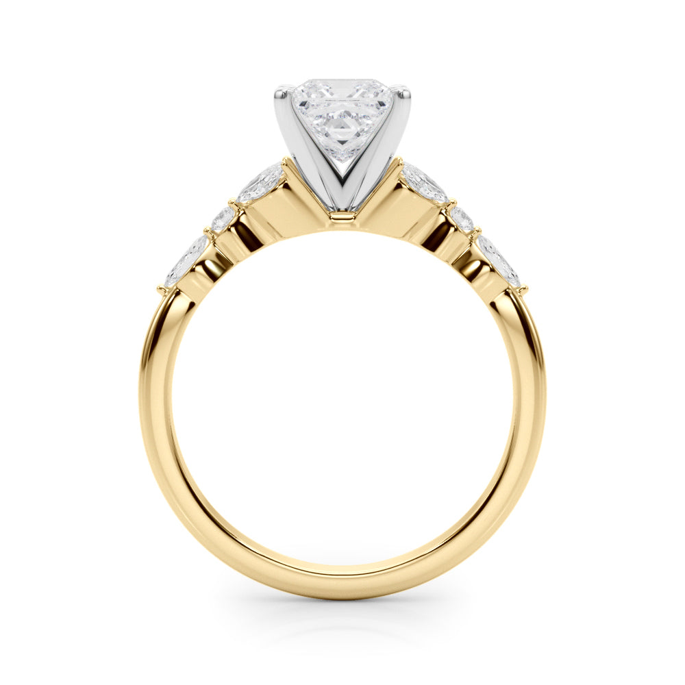 Yellow gold Princess Diamond Solitaire with Side Stones on a White Gold Band and Four-Prong Setting 2