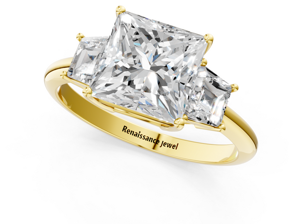 Yellow gold Princess Diamond Three-Stone Ring with Trapezoid Side Stones and Prong Setting