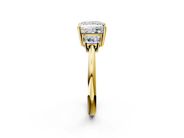 Yellow gold Princess Diamond Three-Stone Ring with Trapezoid Side Stones and Prong Setting