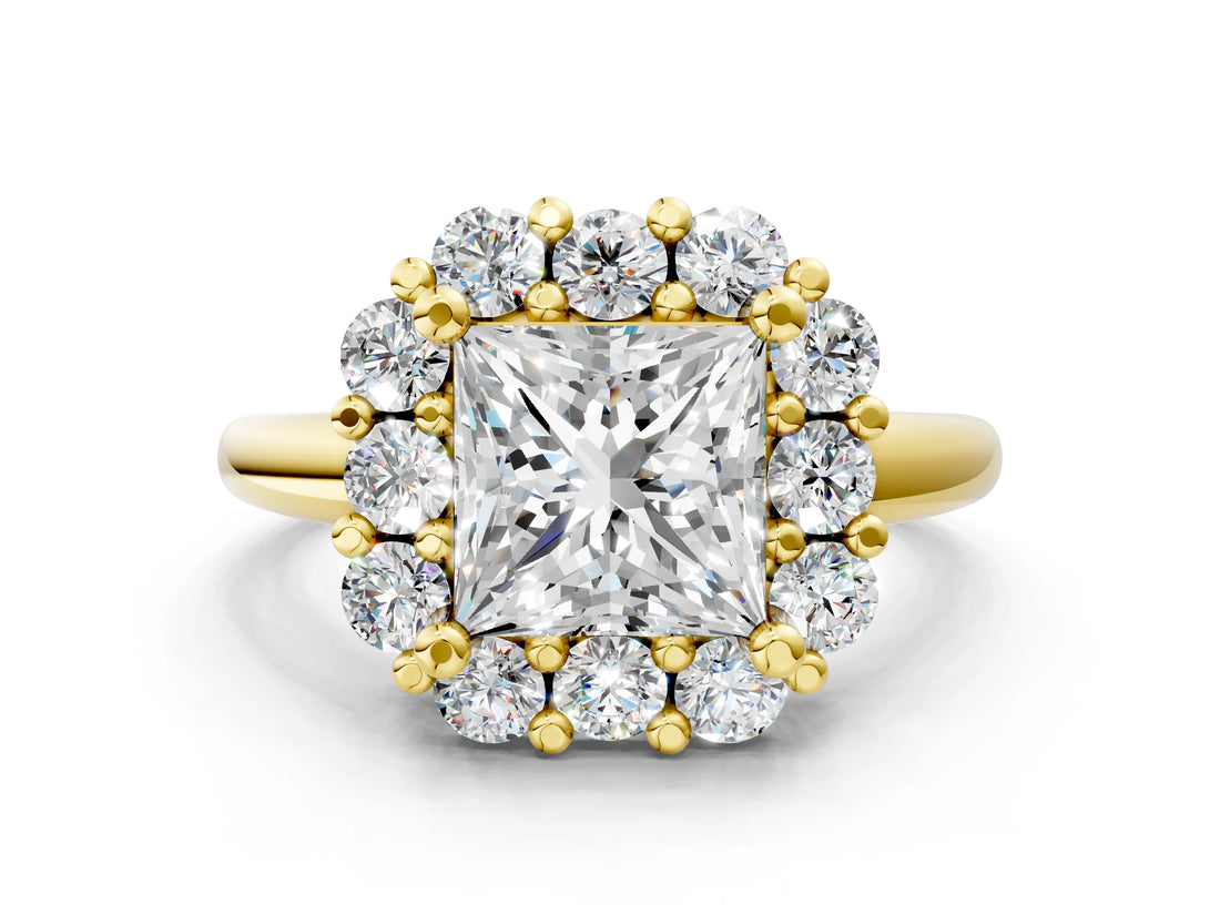 Yellow gold Princess Halo Cluster Diamond Engagement Ring with Prong Setting and Polished Band_51