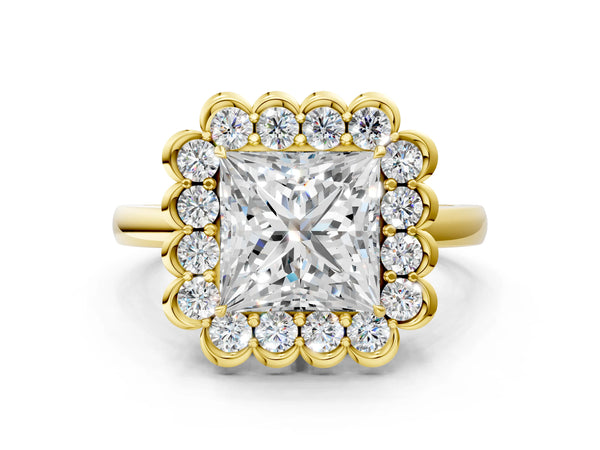 Yellow gold Princess Halo Cluster Diamond Engagement Ring with Solitaire Band and Prong Setting