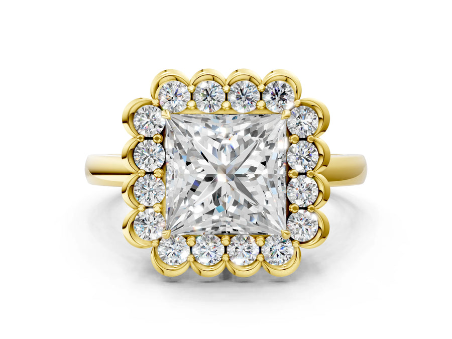 Yellow gold Princess Halo Cluster Diamond Engagement Ring with Solitaire Band and Prong Setting