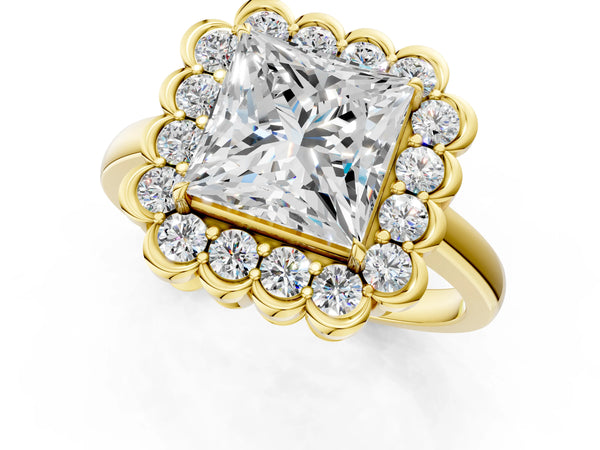 Yellow gold Princess Halo Cluster Diamond Engagement Ring with Solitaire Band and Prong Setting