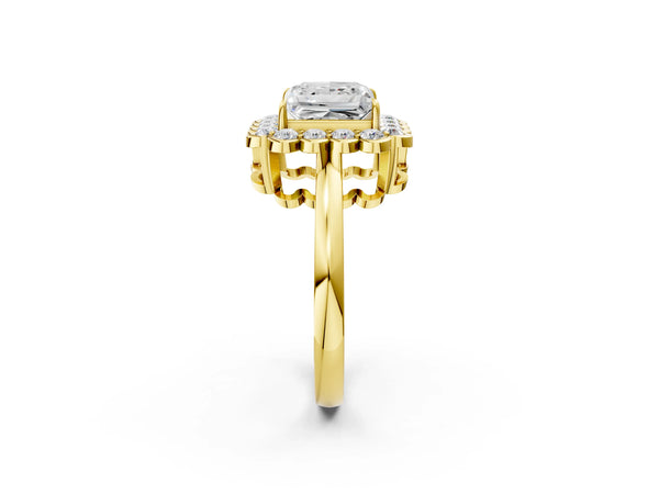 Yellow gold Princess Halo Cluster Diamond Engagement Ring with Solitaire Band and Prong Setting