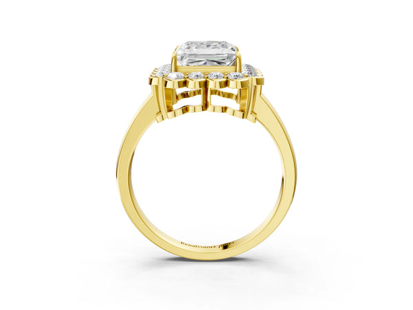 Yellow gold Princess Halo Cluster Diamond Engagement Ring with Solitaire Band and Prong Setting
