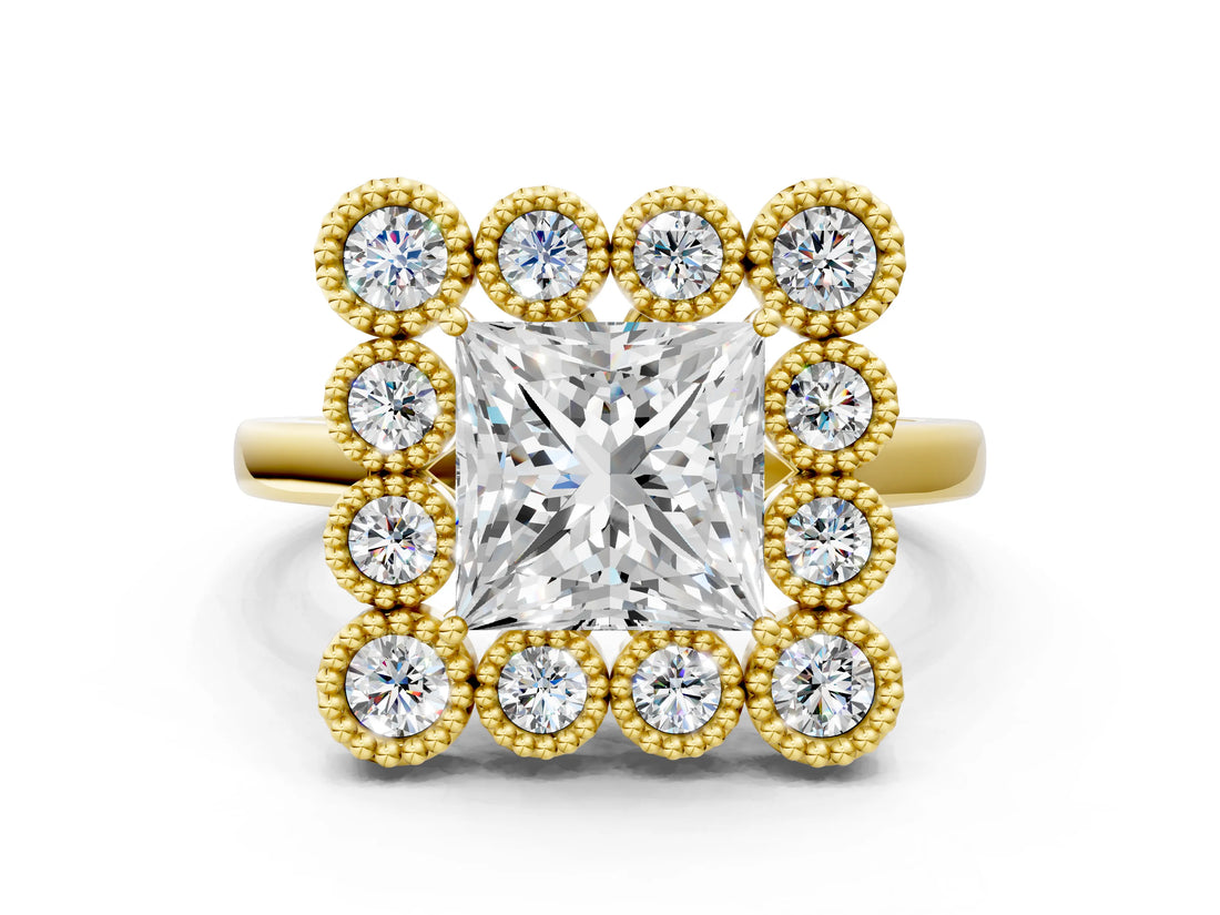Yellow gold Princess Halo Diamond Cluster Engagement Ring with Milgrain Bezel Setting and Solitaire Band_39