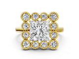 Yellow gold Princess Halo Diamond Cluster Engagement Ring with Milgrain Bezel Setting and Solitaire Band_39