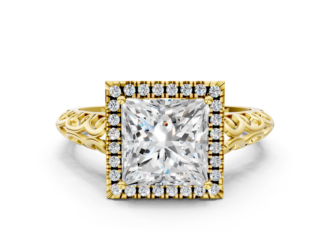 Yellow gold Princess Halo Diamond Engagement Ring with Intricate Filigree Band and Four-Prong Setting_37