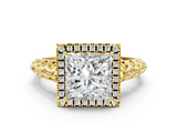 Yellow gold Princess Halo Diamond Engagement Ring with Intricate Filigree Band and Four-Prong Setting_37
