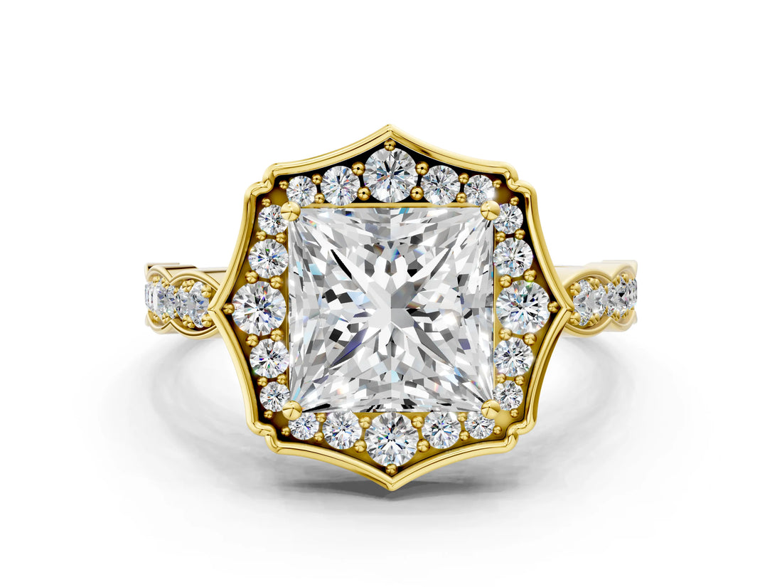 Yellow gold Princess Halo Diamond Engagement Ring with Milgrain Band and Four-Prong Setting_37