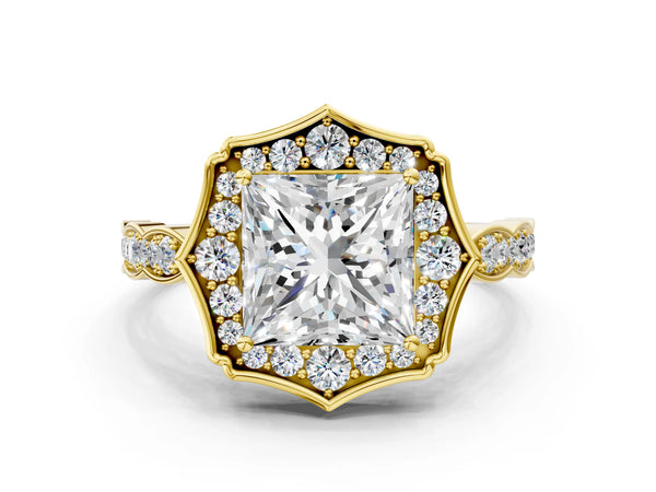 Yellow gold Princess Halo Diamond Engagement Ring with Milgrain Band and Four-Prong Setting
