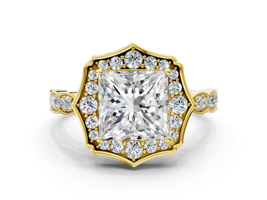 Yellow gold Princess Halo Diamond Engagement Ring with Milgrain Band and Four-Prong Setting