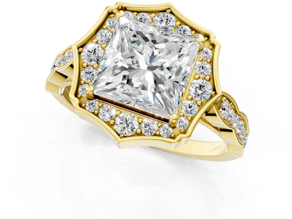 Yellow gold Princess Halo Diamond Engagement Ring with Milgrain Band and Four-Prong Setting