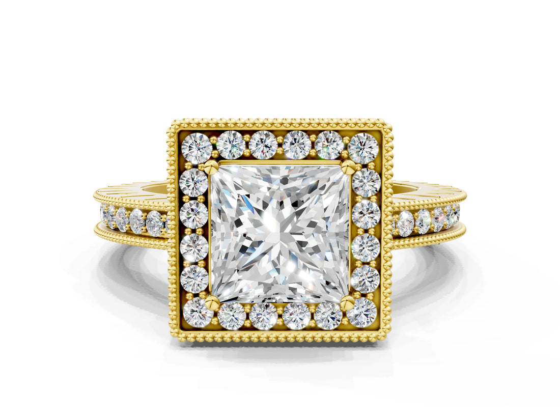 Yellow gold Princess Halo Diamond Engagement Ring with Milgrain Pave Band and Four-Prong Setting_119