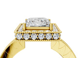 Yellow gold Princess Halo Diamond Engagement Ring with Milgrain Pave Band and Four-Prong Setting_123