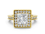 Yellow gold Princess Halo Diamond Engagement Ring with Milgrain Pave Band and Four-Prong Setting_131