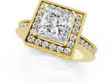 Yellow gold Princess Halo Diamond Engagement Ring with Milgrain Pave Band and Four-Prong Setting_132