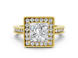 Yellow gold Princess Halo Diamond Engagement Ring with Milgrain Pave Band and Four-Prong Setting_24