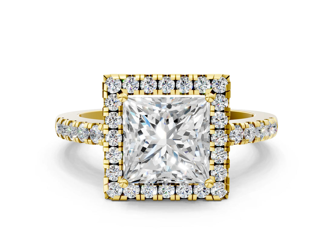 Yellow gold Princess Halo Diamond Engagement Ring with Pavé Band and Four-Prong Setting_99