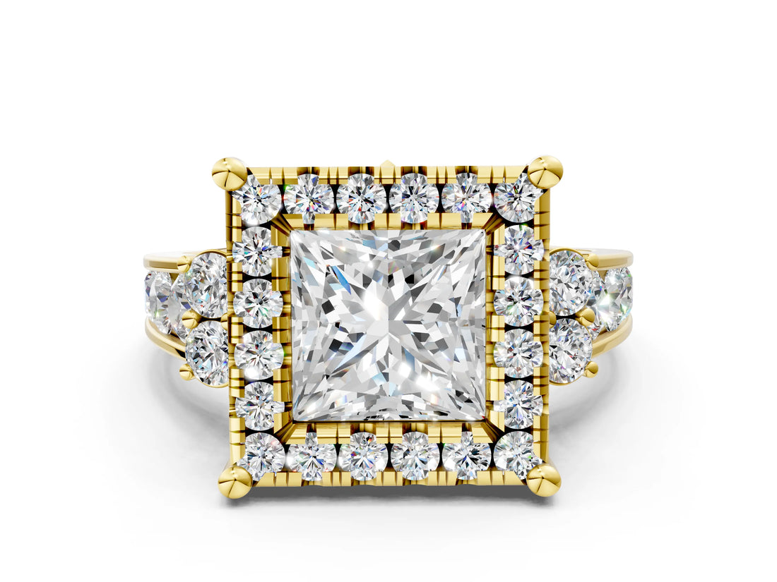 Yellow gold Princess Halo Diamond Engagement Ring with Split Shank and Four-Prong Setting