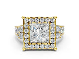 Yellow gold Princess Halo Diamond Engagement Ring with Split Shank and Four-Prong Setting
