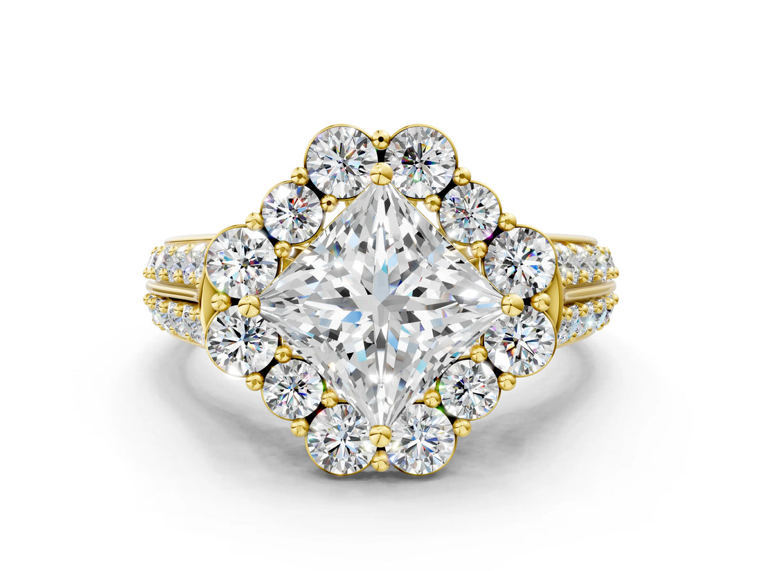 Yellow gold Princess Halo Diamond Engagement Ring with Split Shank and Prong Setting_62