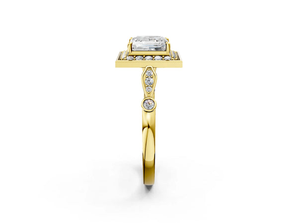 Yellow Gold Princess Cut Bezel Station Halo Engagement Ring Setting