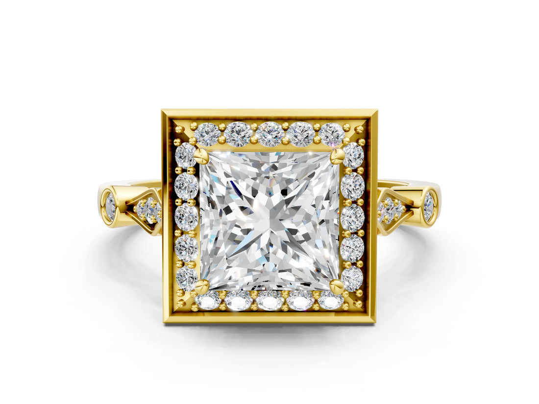 Yellow gold Princess Halo Diamond Engagement Ring with Twisted Band and Four-Prong Setting