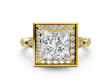 Yellow gold Princess Halo Diamond Engagement Ring with Twisted Band and Four-Prong Setting