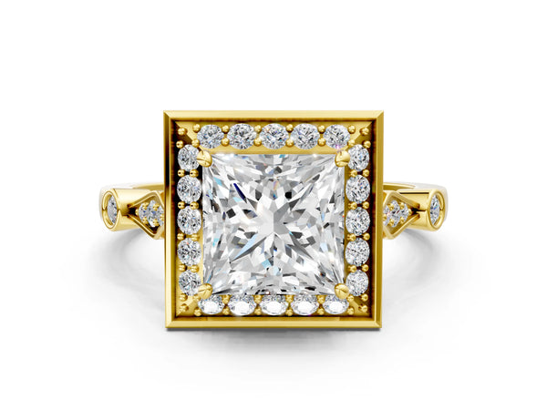 Yellow Gold Princess Cut Bezel Station Halo Engagement Ring Setting