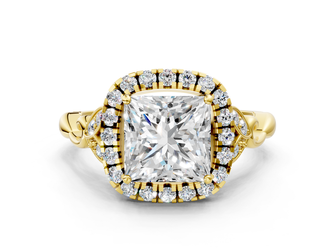 Yellow gold Princess Halo Diamond Engagement Ring with Vintage-Inspired Band and Four-Prong Setting_3