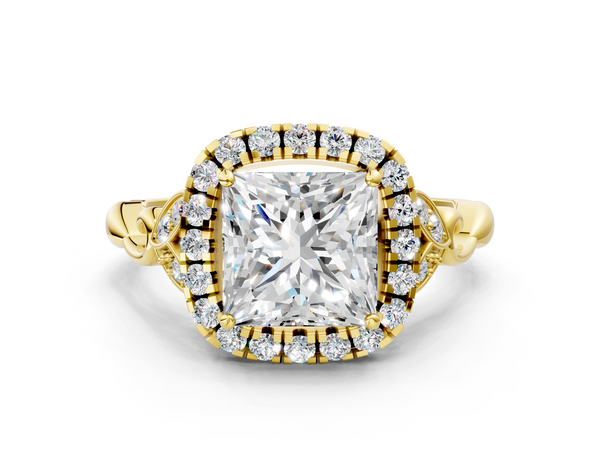 Yellow gold Princess Halo Diamond Engagement Ring with Vintage-Inspired Band and Four-Prong Setting
