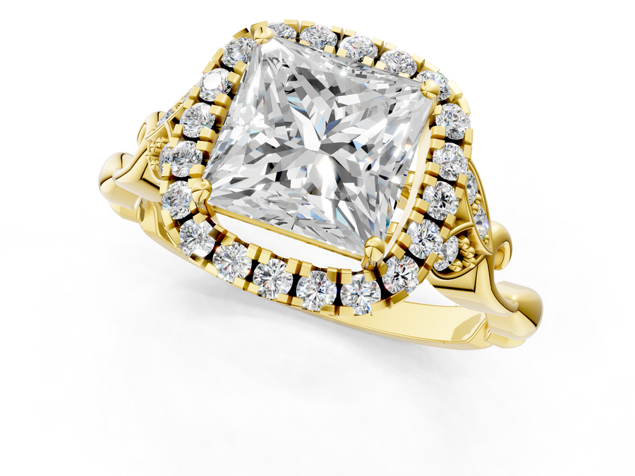 Yellow gold Princess Halo Diamond Engagement Ring with Vintage-Inspired Band and Four-Prong Setting