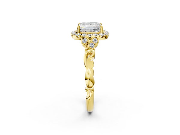 Yellow gold Princess Halo Diamond Engagement Ring with Vintage-Inspired Band and Four-Prong Setting