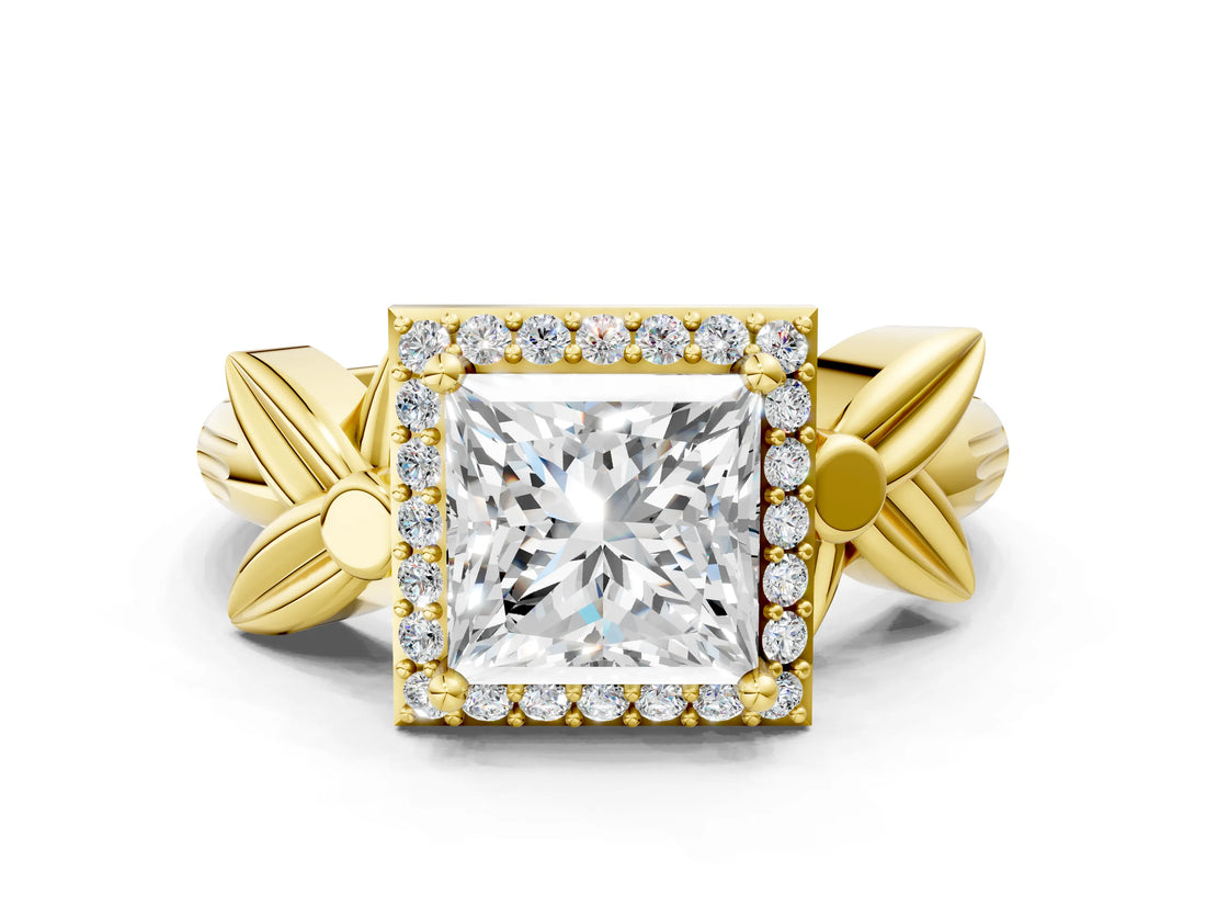 Yellow gold Princess Halo Diamond Floral Band with Four-Prong Setting_76