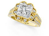 Yellow gold Princess Halo Diamond Floral Split Shank Engagement Ring 1