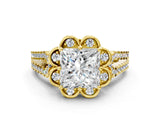Yellow gold Princess Halo Diamond Floral Split Shank Engagement Ring