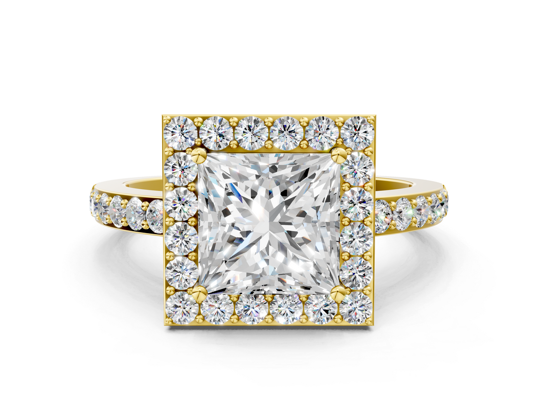 Yellow gold Princess Halo Diamond Pavé Band Ring with Prong Setting_20