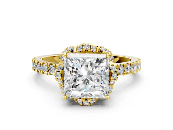 Yellow gold Princess Halo Diamond Pave Band Ring with Four-Prong Setting