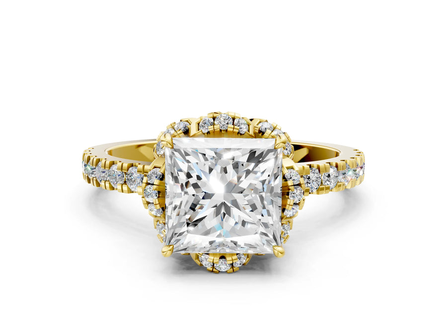 Yellow gold Princess Halo Diamond Pave Band Ring with Four-Prong Setting